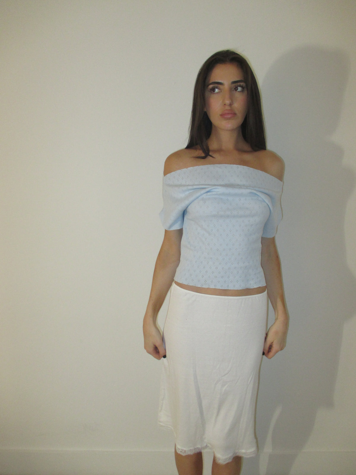 Baby Blue Pointelle Off Shoulder Top