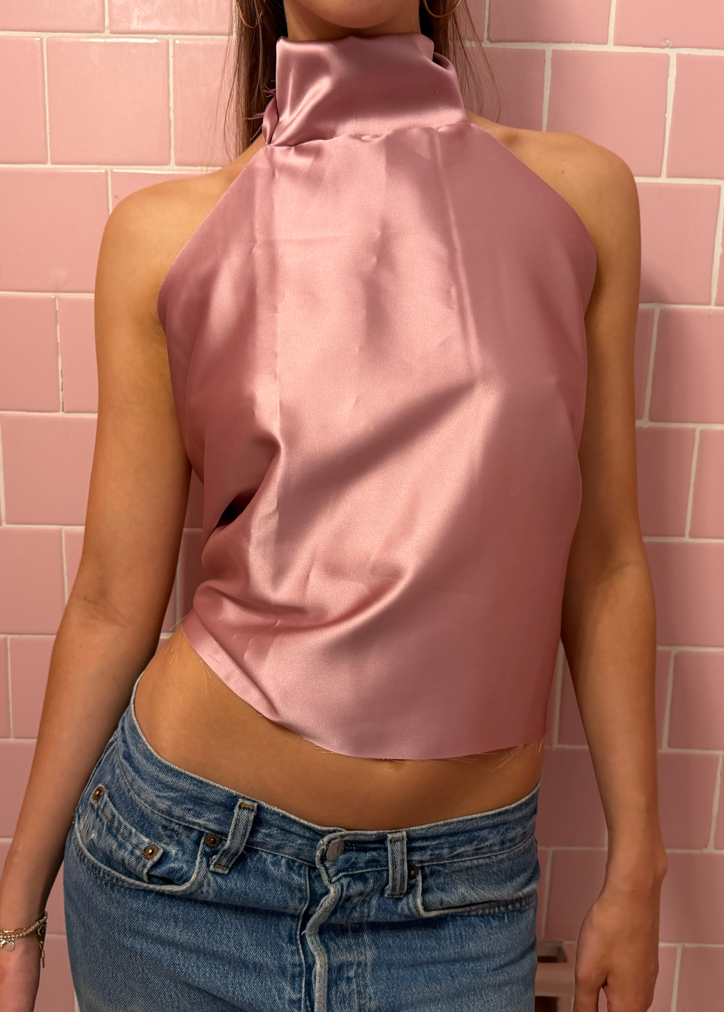 Pink Silk High Neck Top