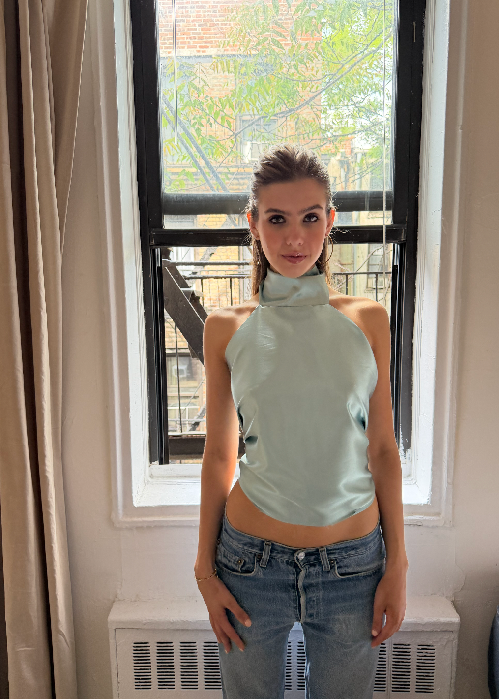 Aqua Silk High Neck Top