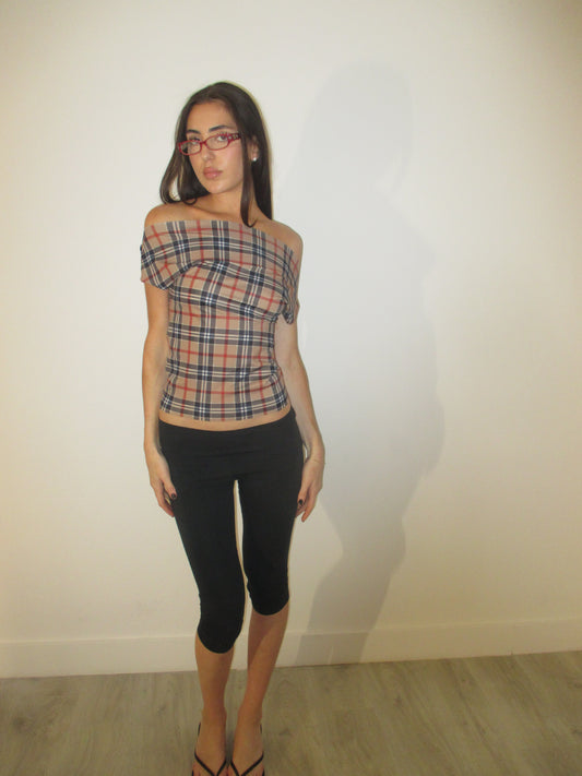 Dark Plaid Off Shoulder Top