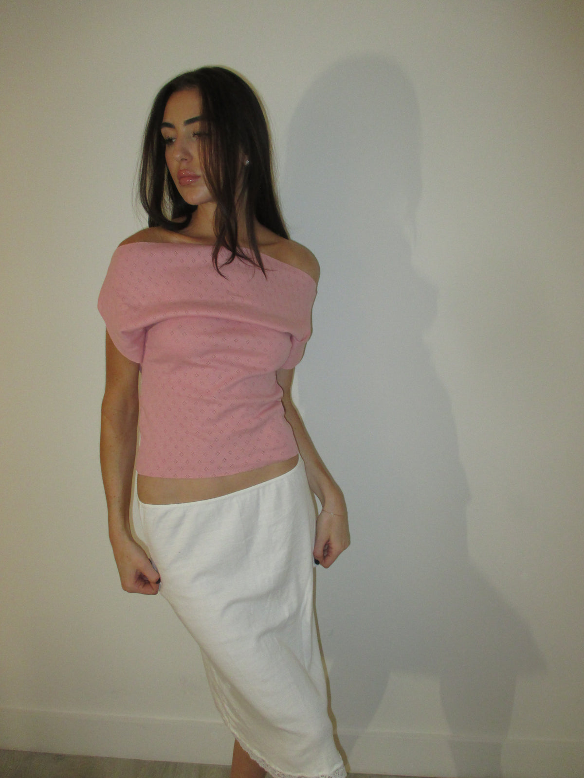 Strawberry Pink Pointelle Off Shoulder Top