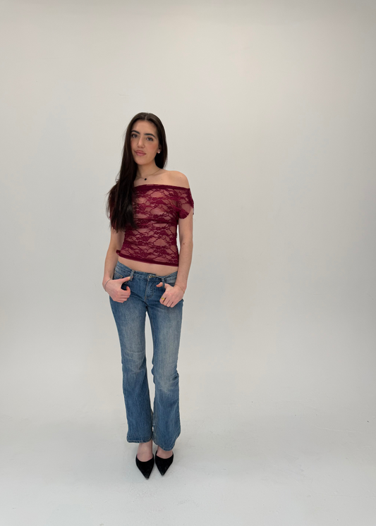 Burgundy Lace Off Shoulder Top