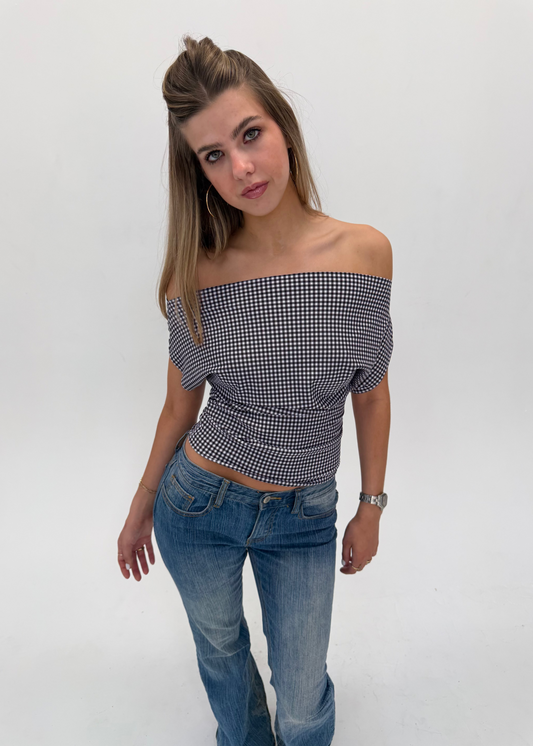 Black and White Gingham Off Shoulder Top