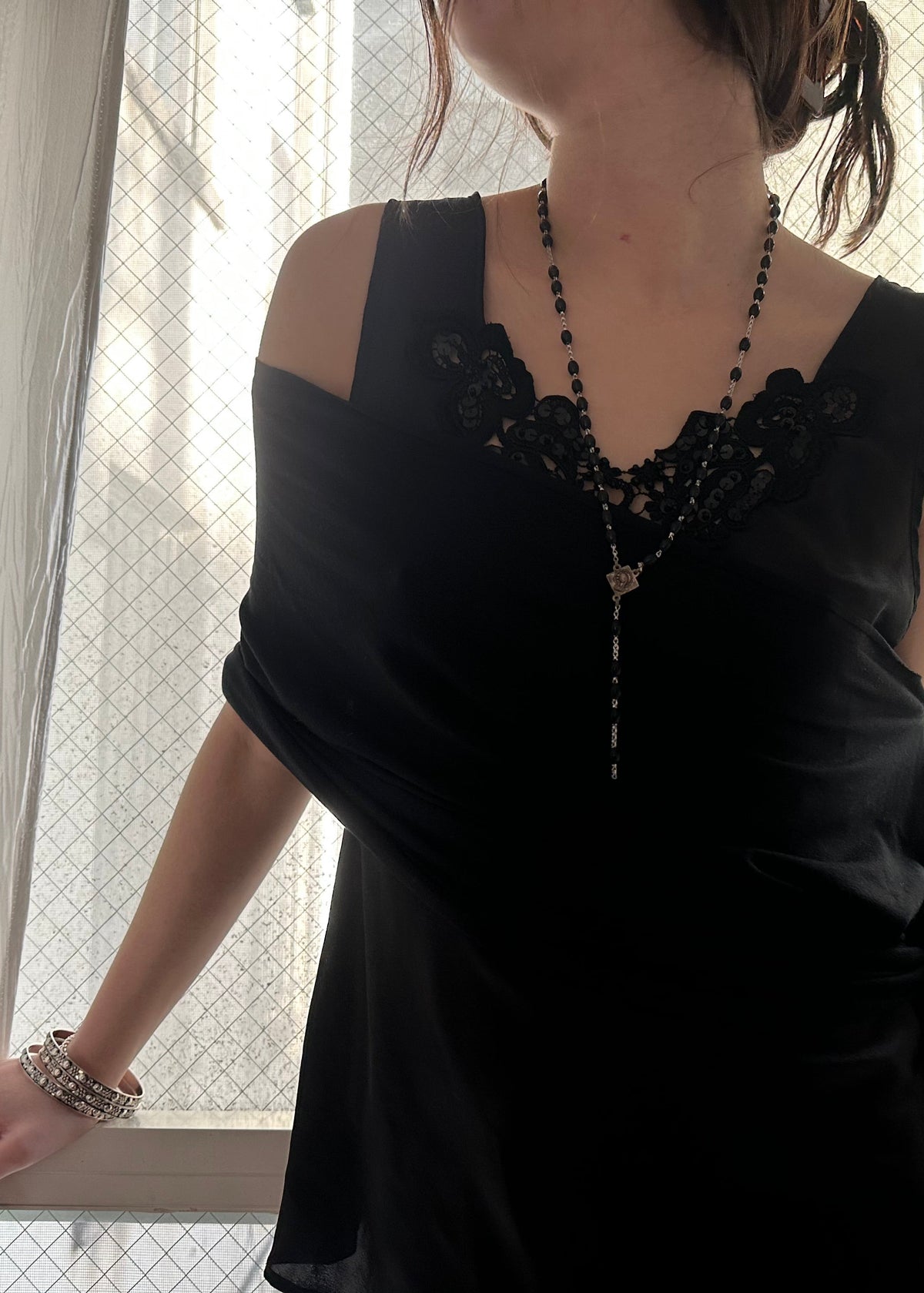 Black Silk Tank with Lace Trim