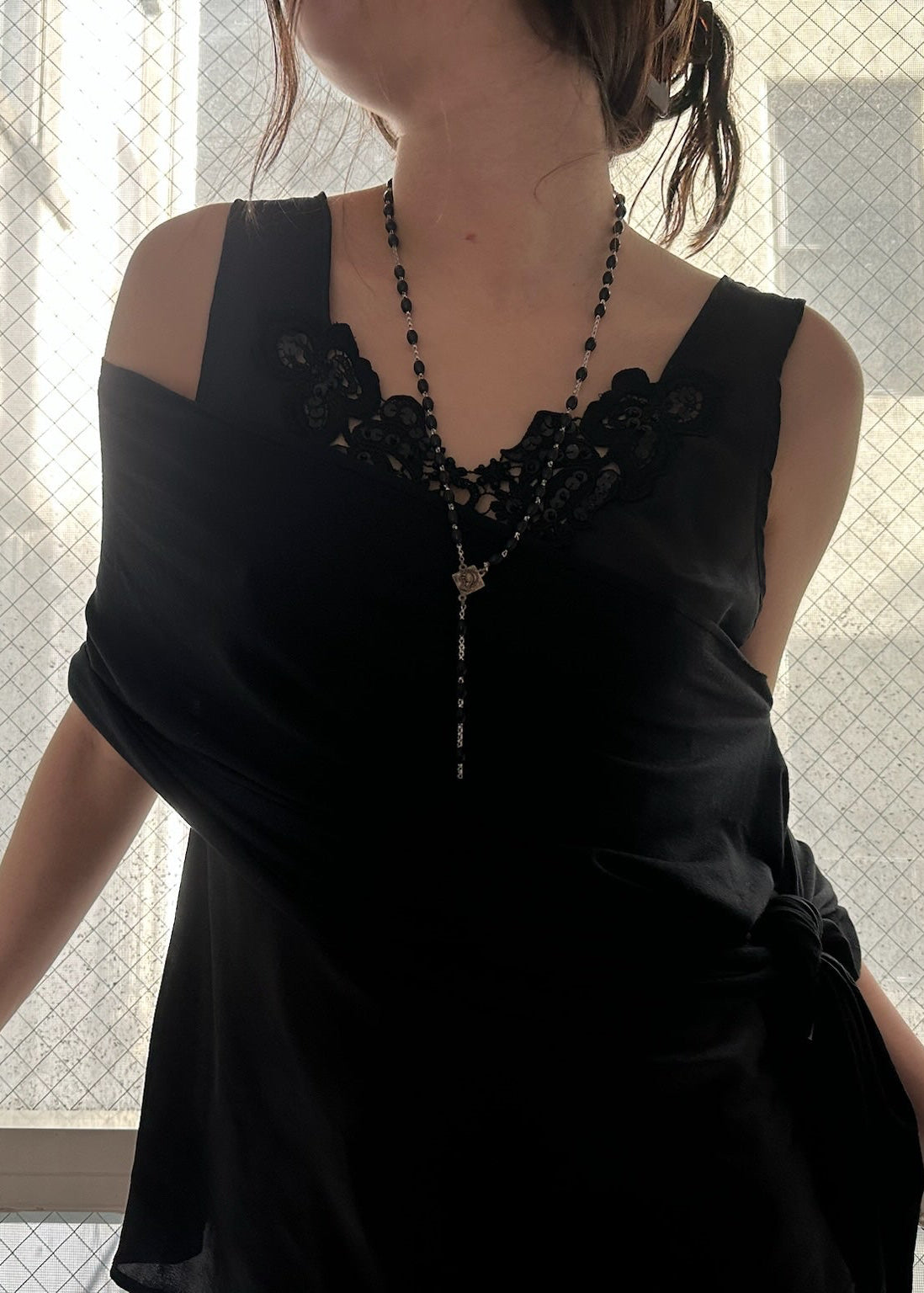 Black Silk Tank with Lace Trim