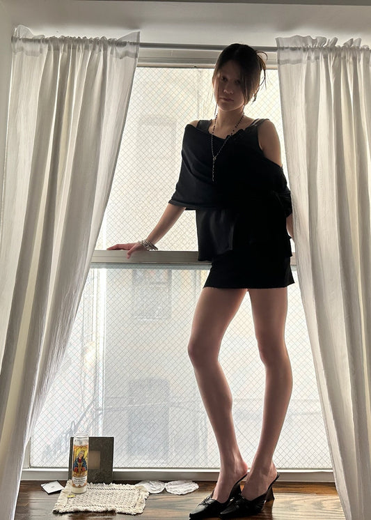 Black Silk Tank with Lace Trim