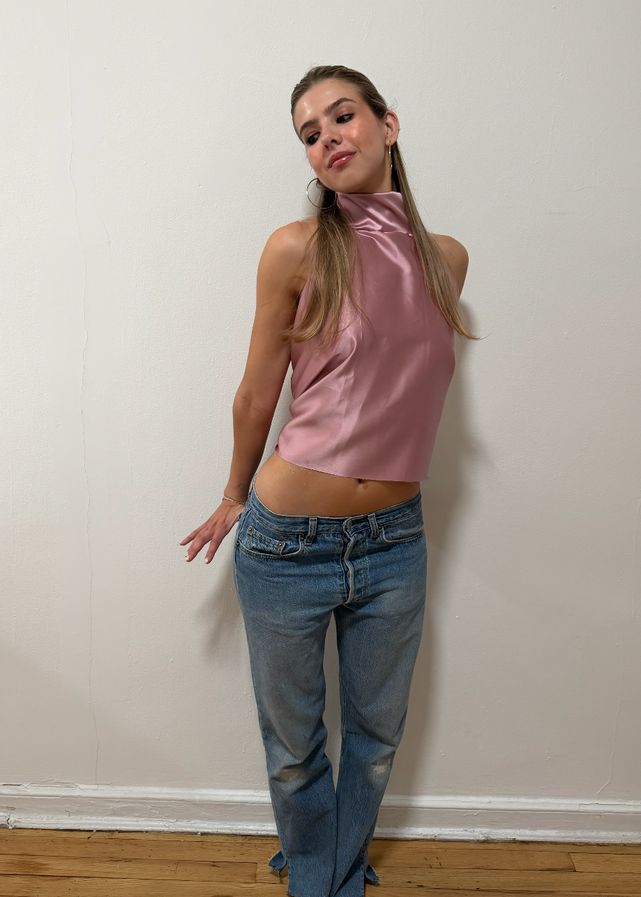 Pink Silk High Neck Top