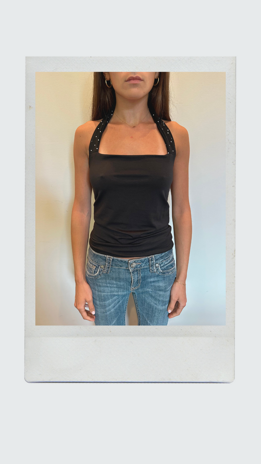 Two-Toned Black Polka Dot Halter Top