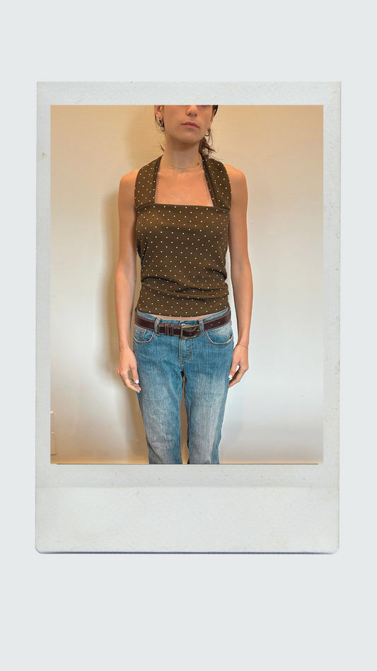 Brown and White Polka Dot Halter Top